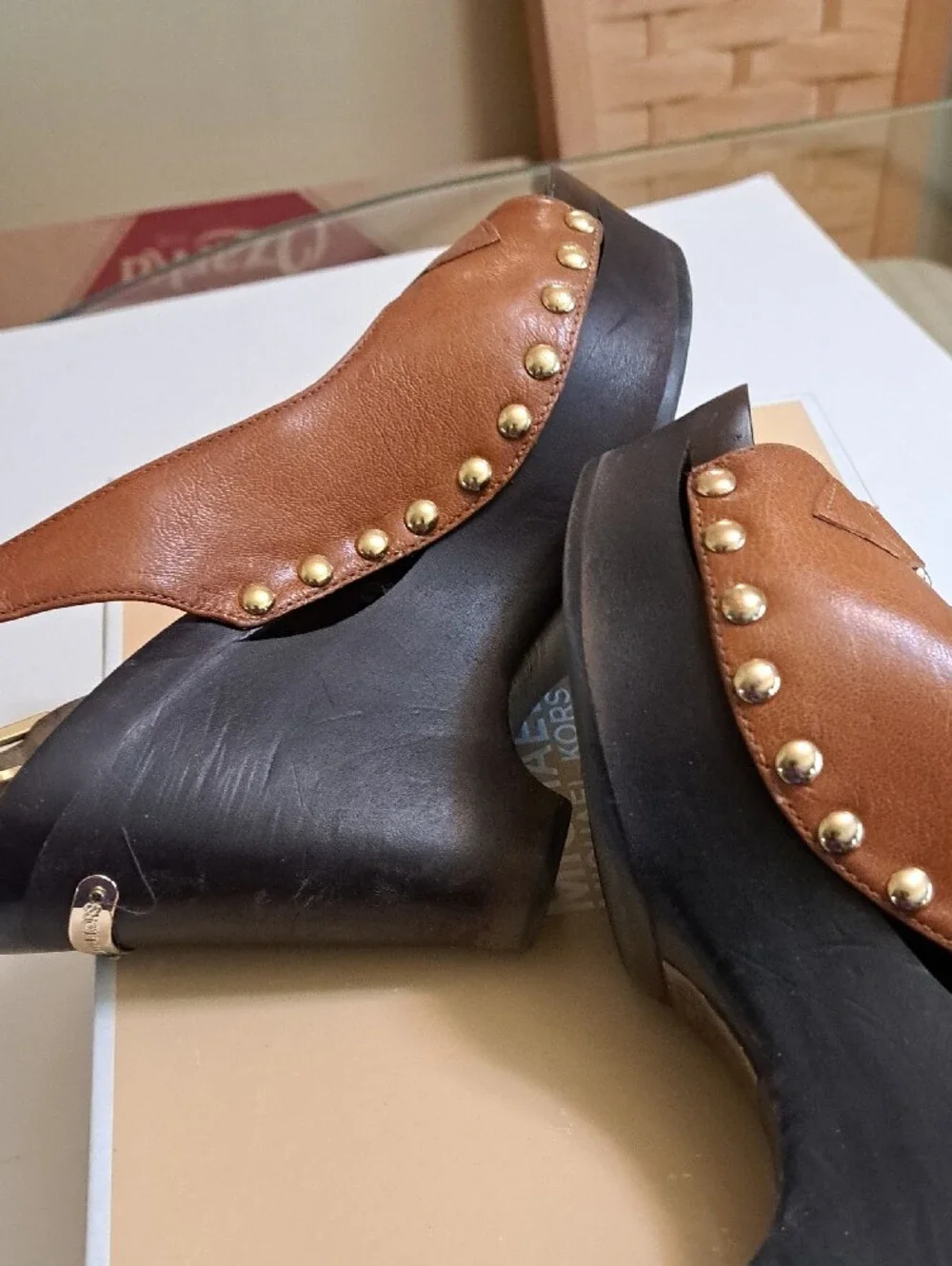 Michael Kors Brown Leather Platform Slingback Sandals with Gold MK Hardware